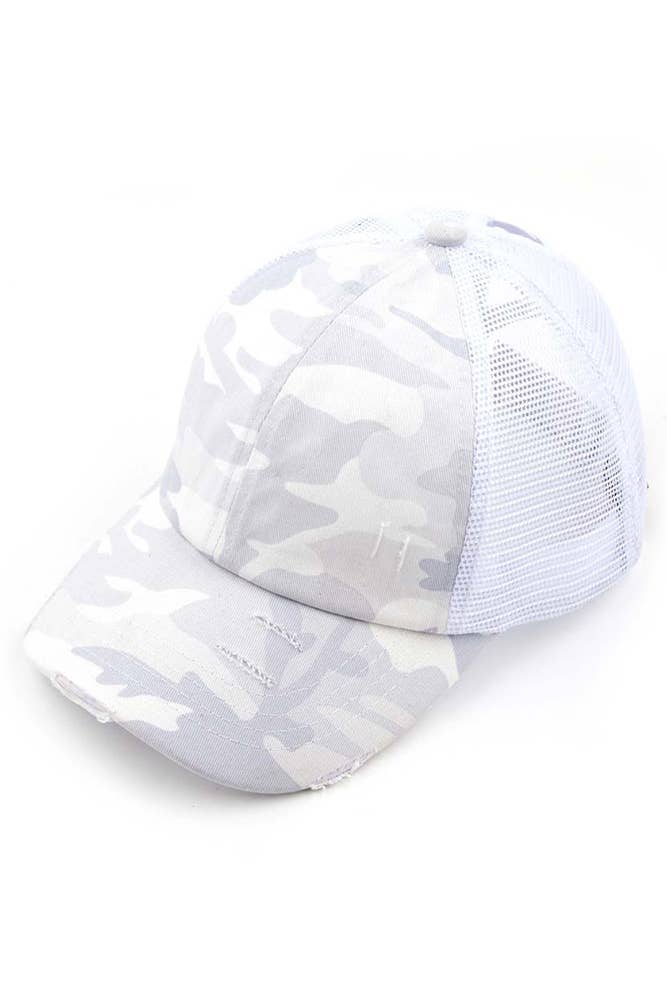 C.C Denim Camouflage with Crossed Elastic Band Pony Cap: White