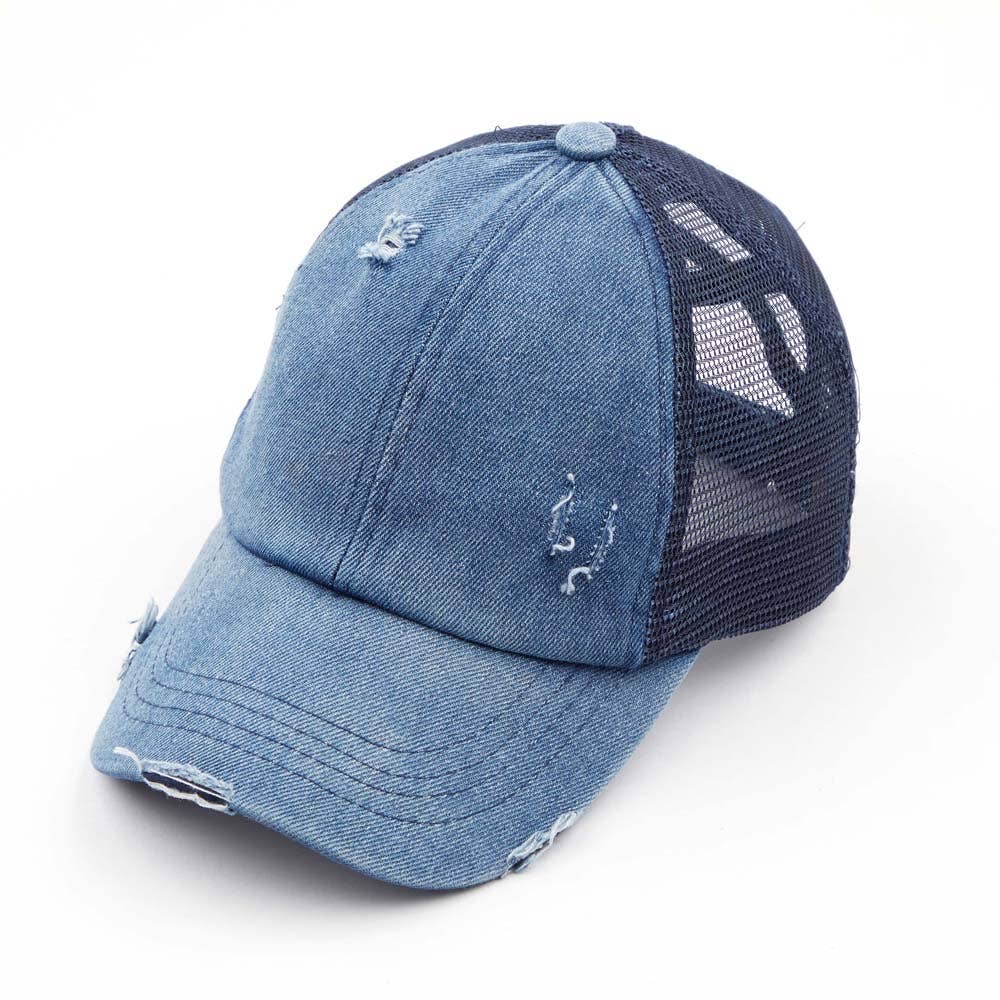 C.C Washed Denim with Crossed Elastic Band Mesh Pony Cap: Olive