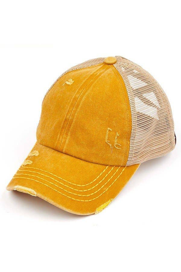 C.C Washed Denim with Crossed Elastic Band Mesh Pony Cap: Baby Leopard