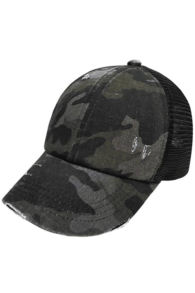 C.C Denim Camouflage with Crossed Elastic Band Pony Cap: Gray