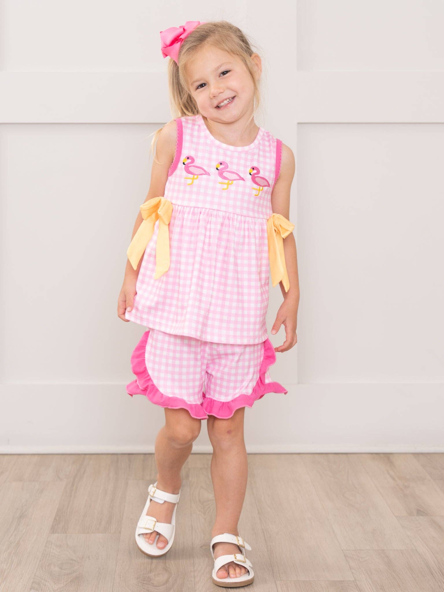 Sunny Flamingos Gingham Embroidered Ruffle Outfit: XXL(6yrs)