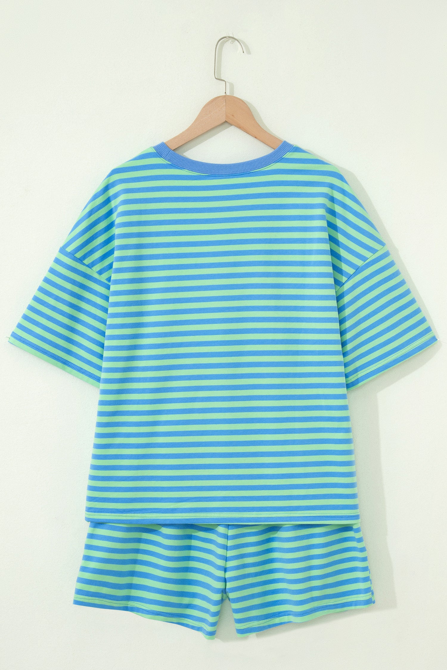 Blue Stripe Striped Ribbed Cotton Two-Piece Short Set with Chest Patch Detail