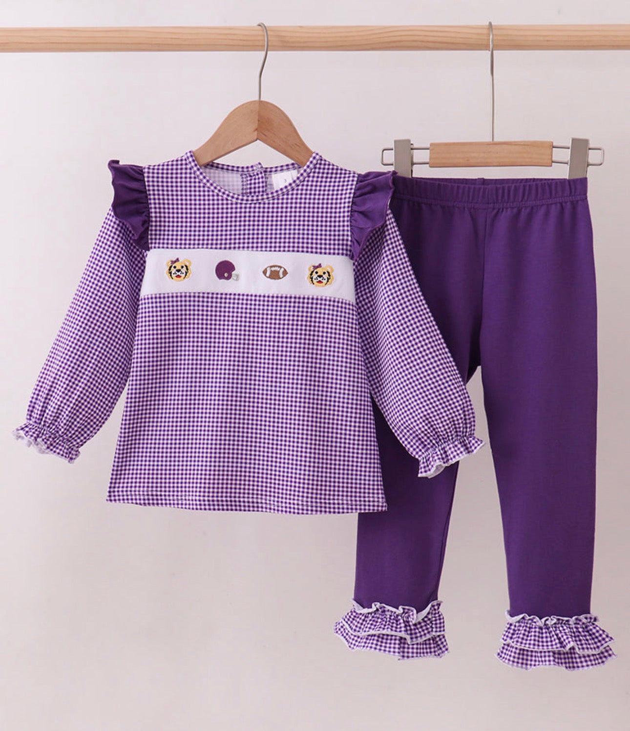 Purple LSU tiger football embroidery gingham ruffle pants set
