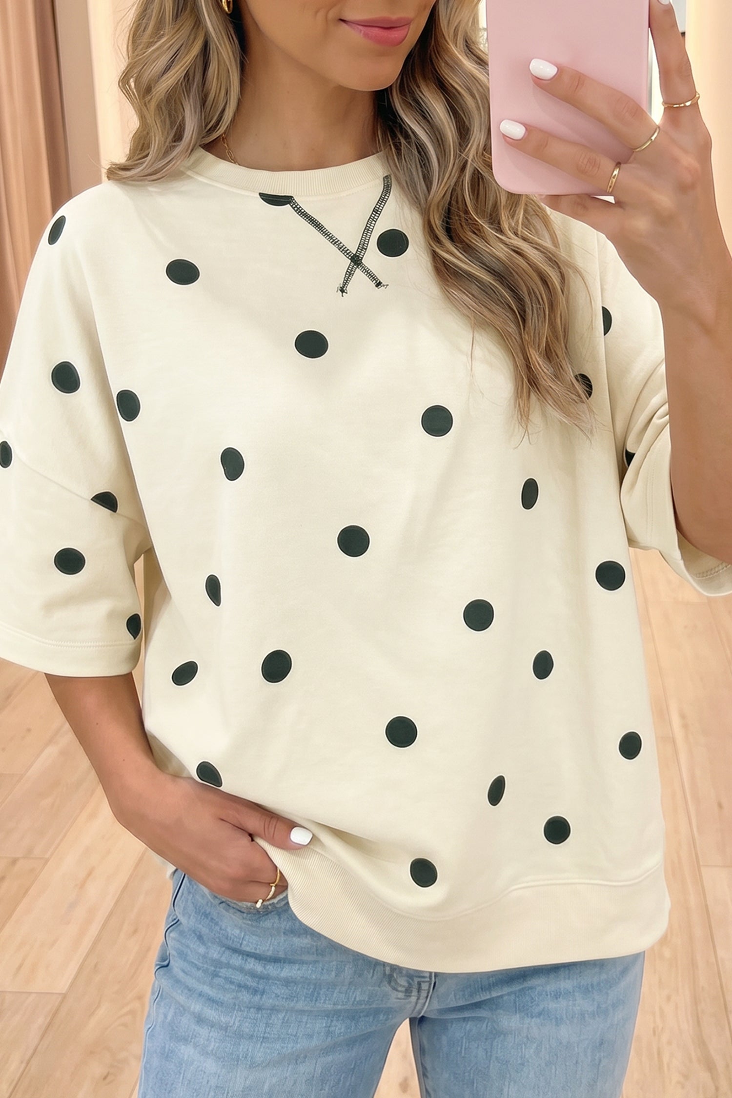 Sky Blue Polka Dot Print Crossed Seam Detail Oversize Tee