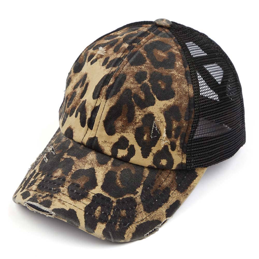 C.C Washed Denim with Crossed Elastic Band Mesh Pony Cap: Baby Leopard