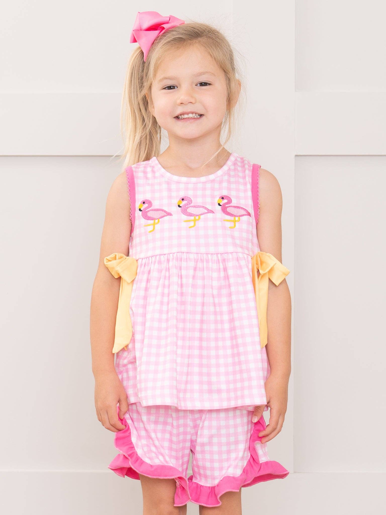 Sunny Flamingos Gingham Embroidered Ruffle Outfit: M(3yrs)