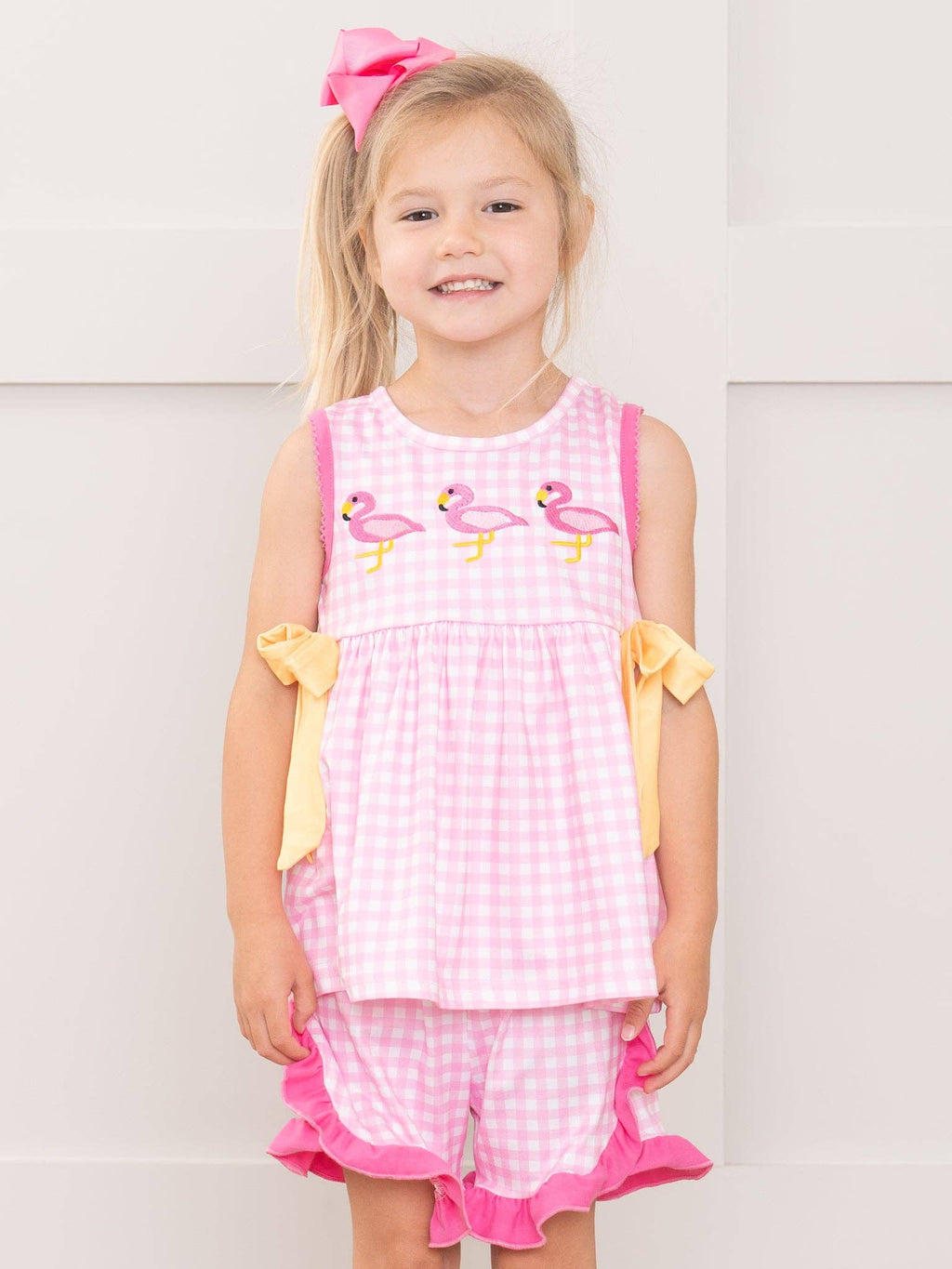 Sunny Flamingos Gingham Embroidered Ruffle Outfit: XL(5yrs)