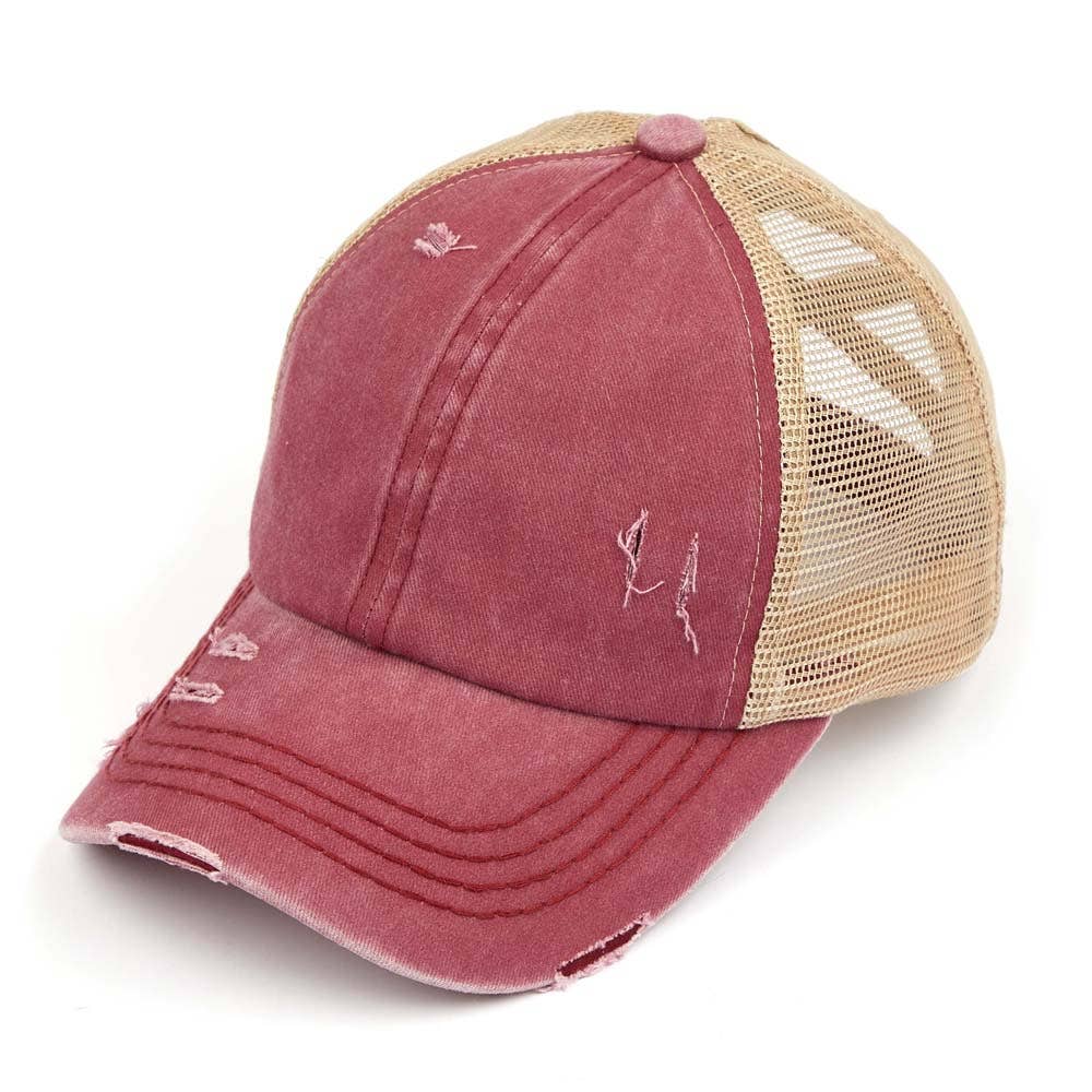 C.C Washed Denim with Crossed Elastic Band Mesh Pony Cap: Pink