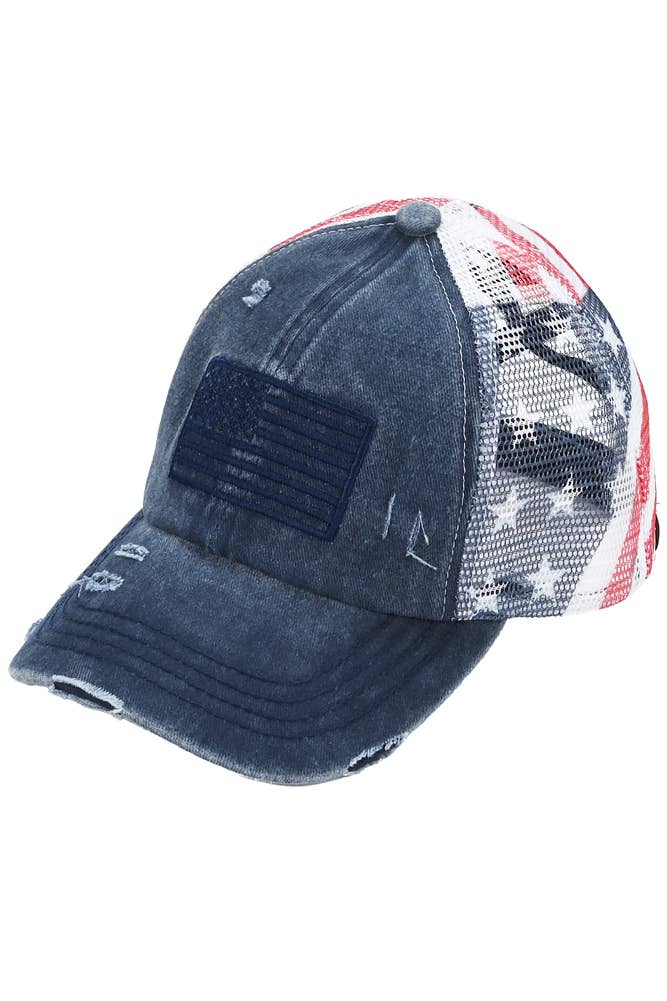 C.C American Flag Mesh Back Trucker Hat Pony Cap: Red