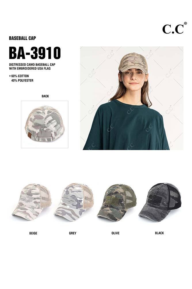 C.C American Flag Embroidery Camo Baseball Cap: Black