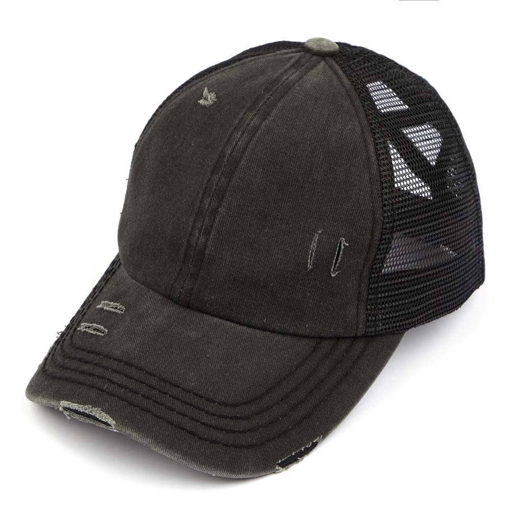 C.C Washed Denim with Crossed Elastic Band Mesh Pony Cap: Black