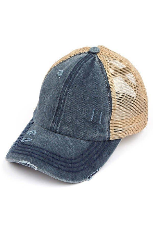 C.C Washed Denim with Crossed Elastic Band Mesh Pony Cap: Olive