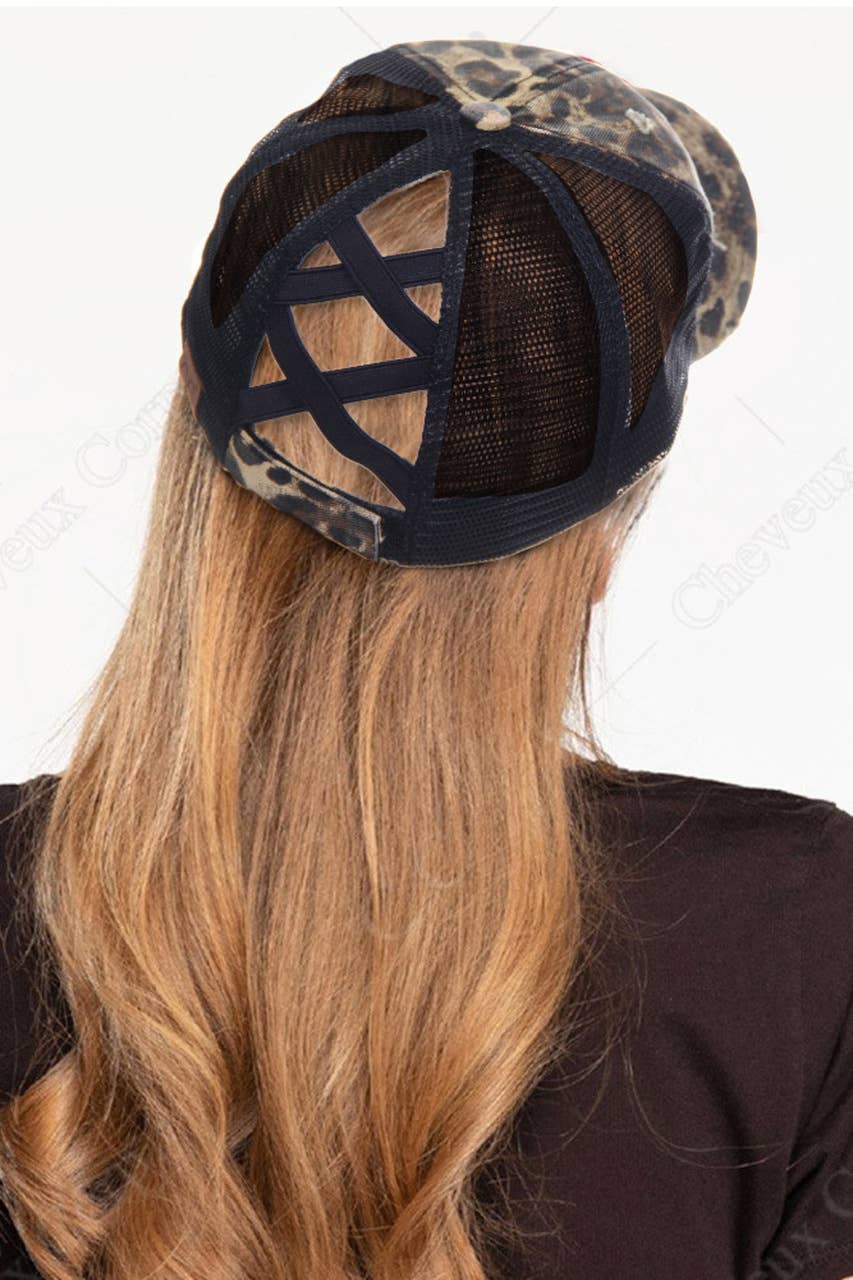 C.C Washed Denim with Crossed Elastic Band Mesh Pony Cap: Pink