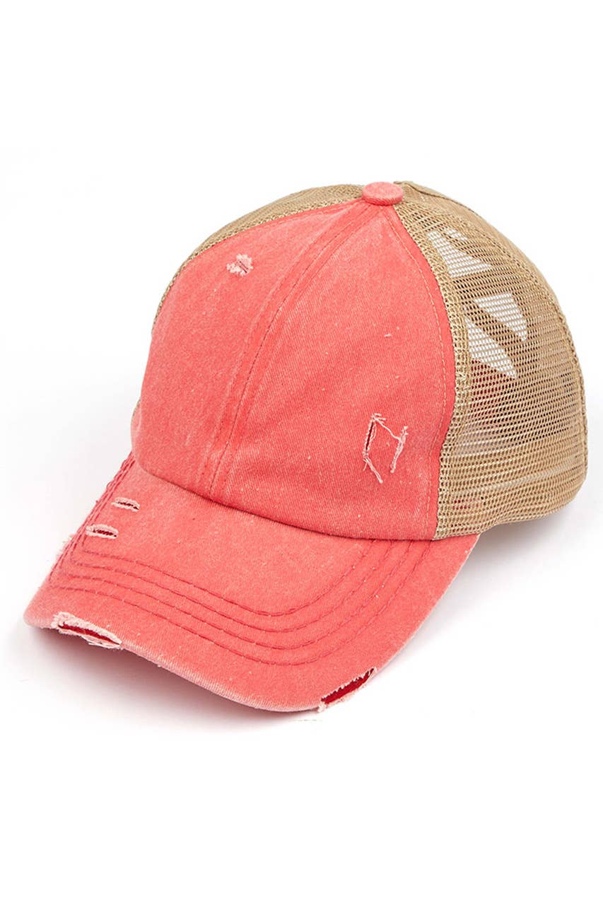C.C Washed Denim with Crossed Elastic Band Mesh Pony Cap: Baby Leopard