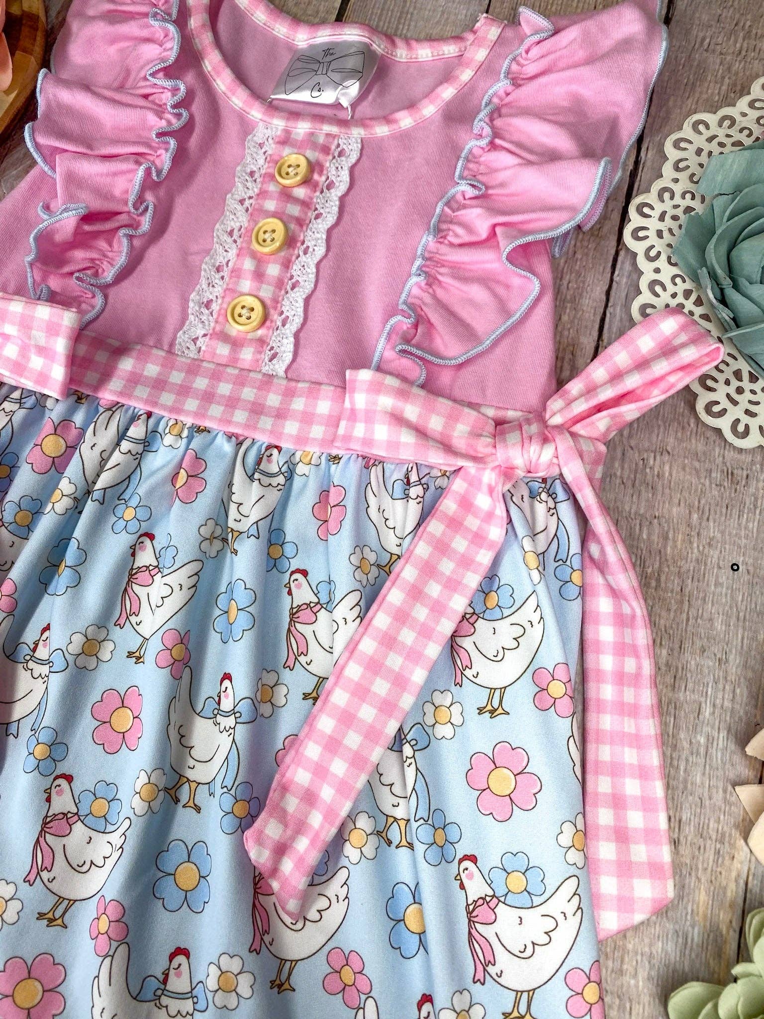 Pink Chicken & Floral Ruffle Dress: 5T
