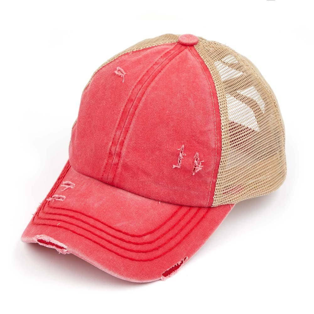 C.C Washed Denim with Crossed Elastic Band Mesh Pony Cap: Olive