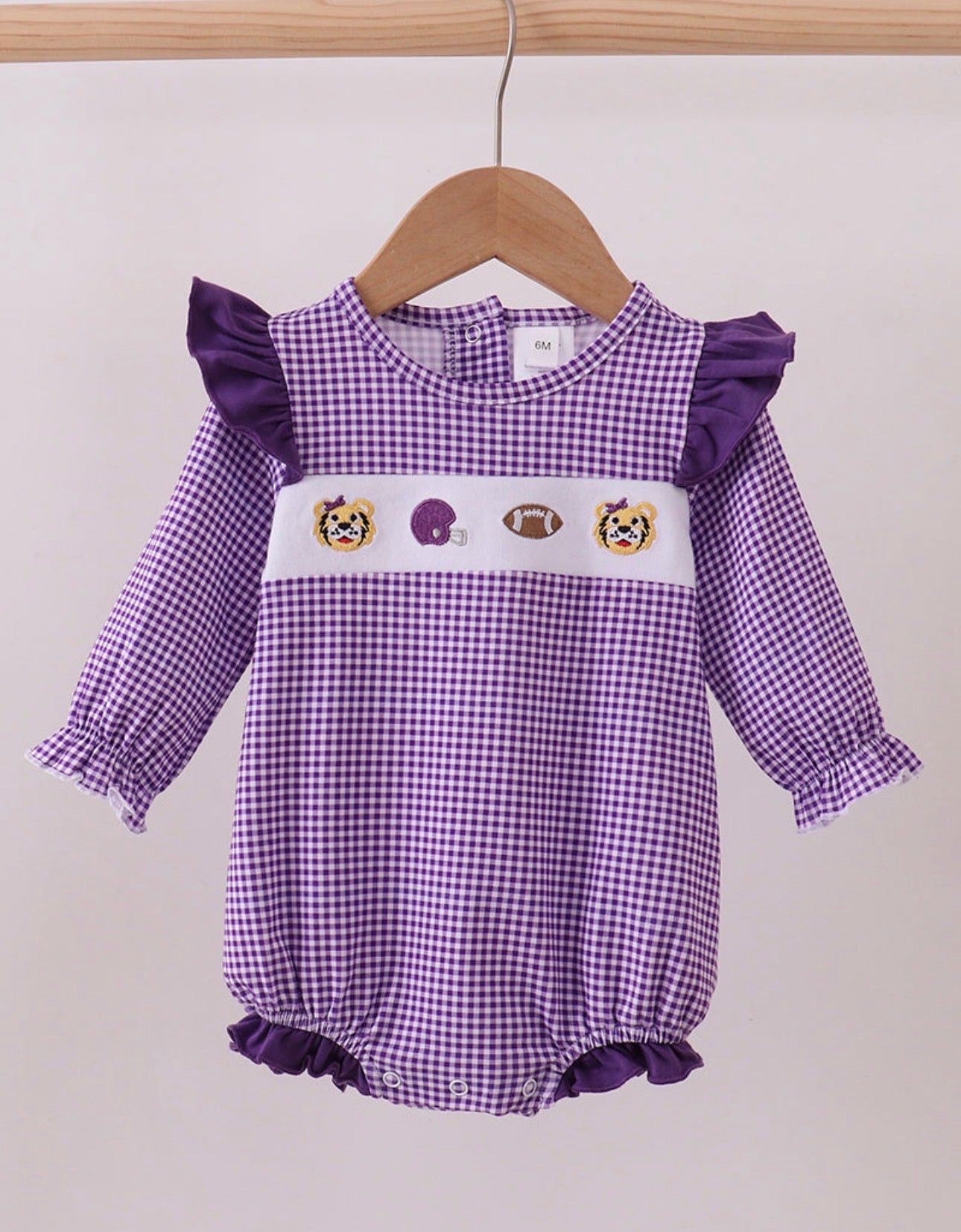 Purple LSU tiger embroidered gingham ruffle bubble