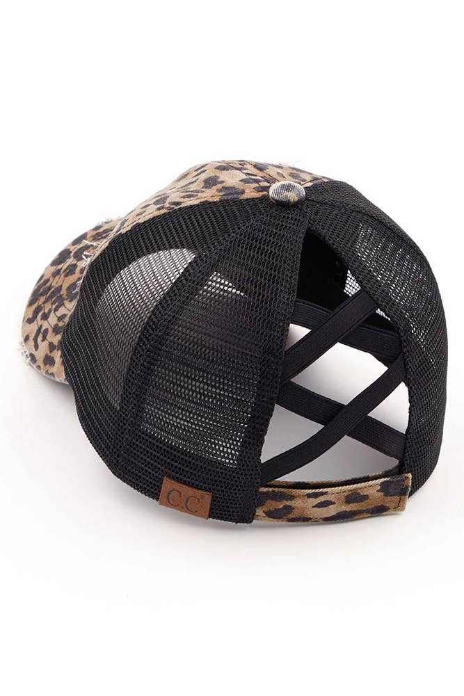 C.C Washed Denim with Crossed Elastic Band Mesh Pony Cap: Olive