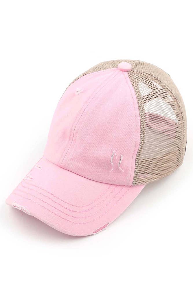 C.C Washed Denim with Crossed Elastic Band Mesh Pony Cap: Olive
