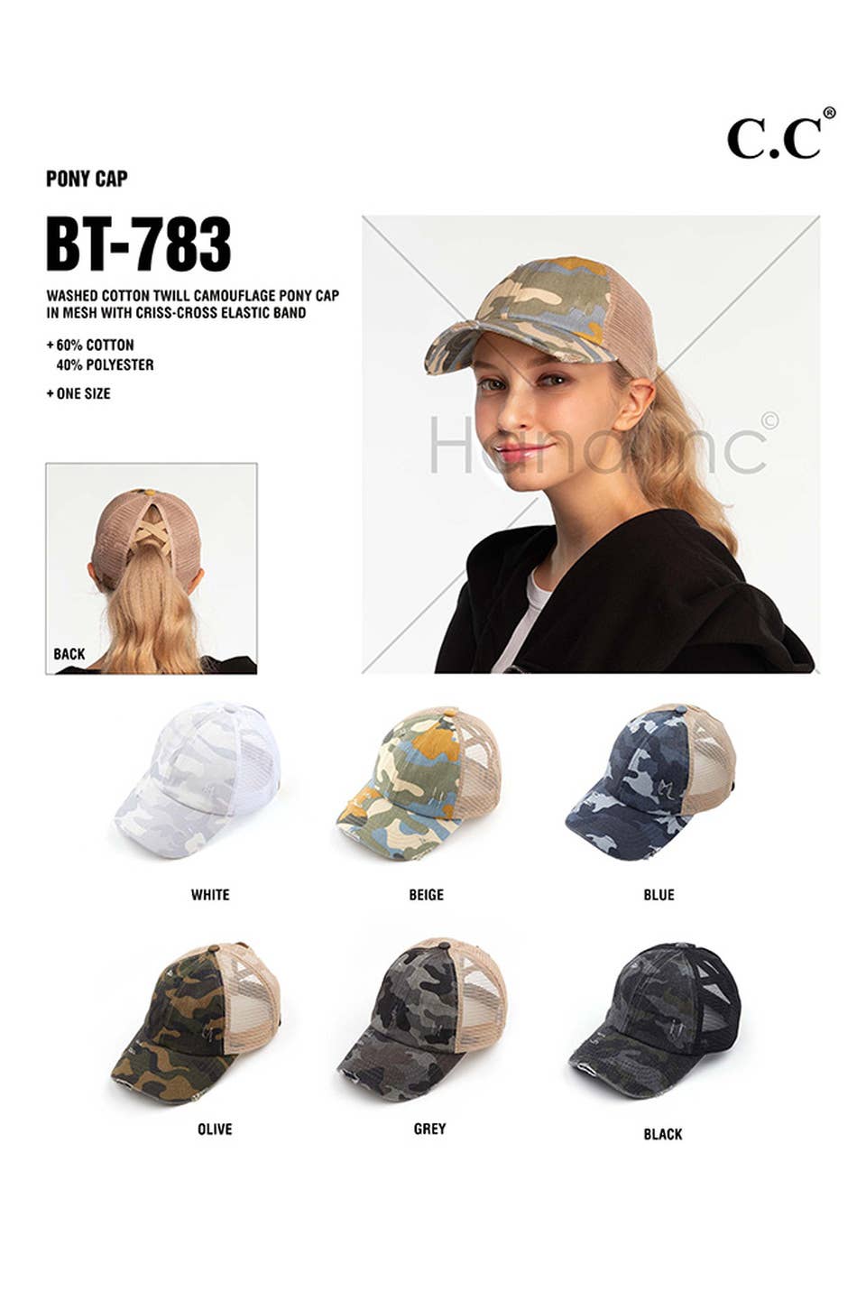 C.C Denim Camouflage with Crossed Elastic Band Pony Cap: White