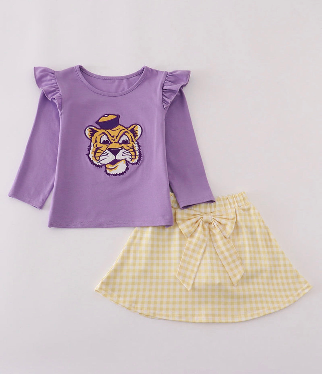 Purple LSU appliqué bow skorts set