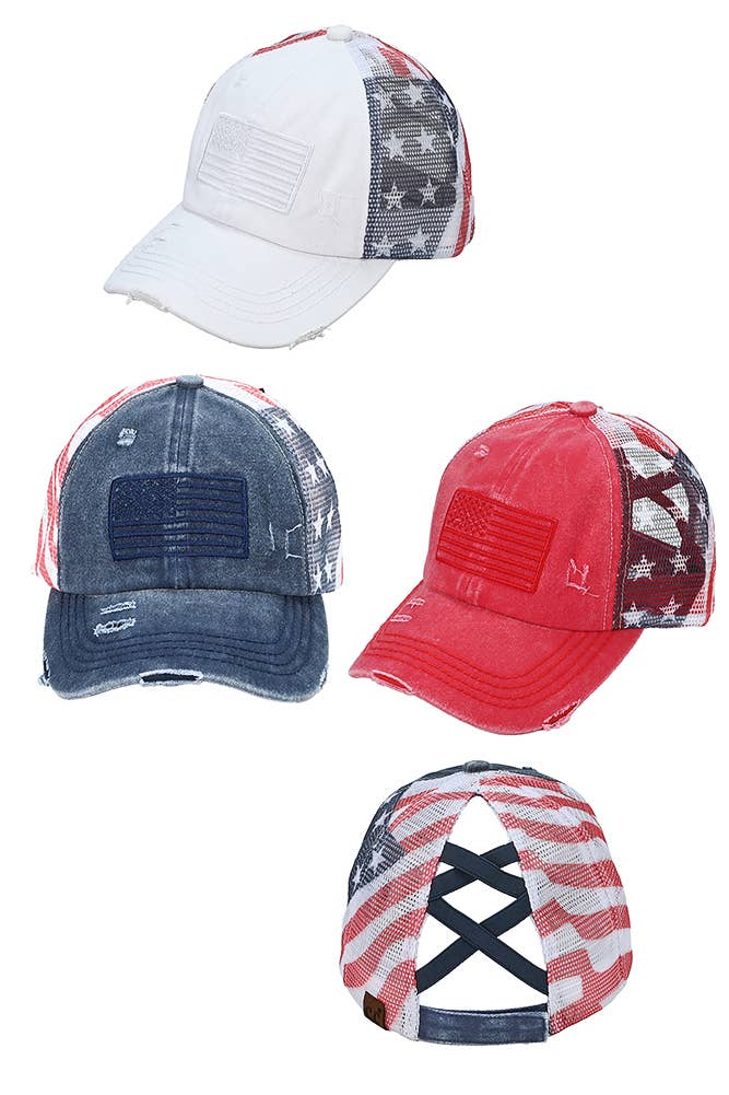 C.C American Flag Mesh Back Trucker Hat Pony Cap: Red