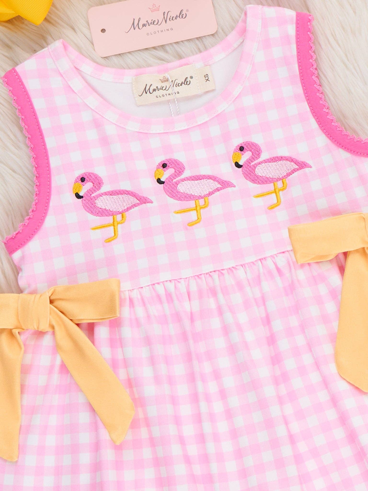 Sunny Flamingos Gingham Embroidered Ruffle Outfit: L(4yrs)