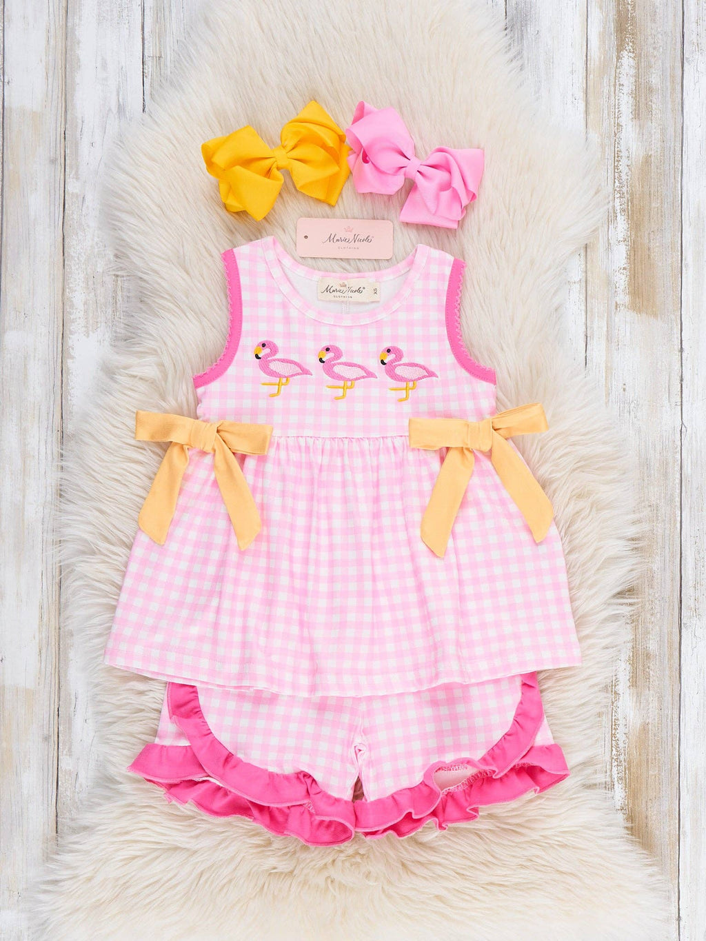 Sunny Flamingos Gingham Embroidered Ruffle Outfit: S(2yrs)