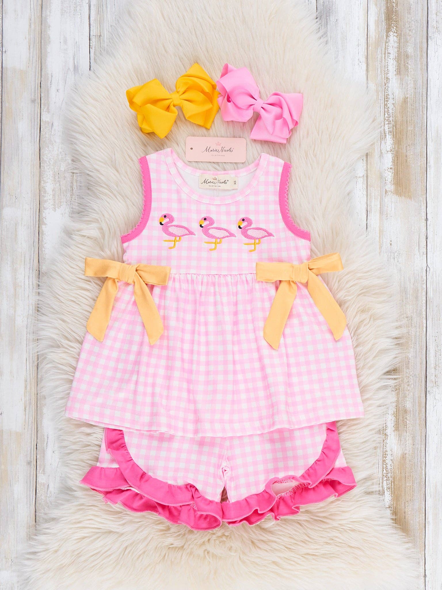 Sunny Flamingos Gingham Embroidered Ruffle Outfit: XXL(6yrs)