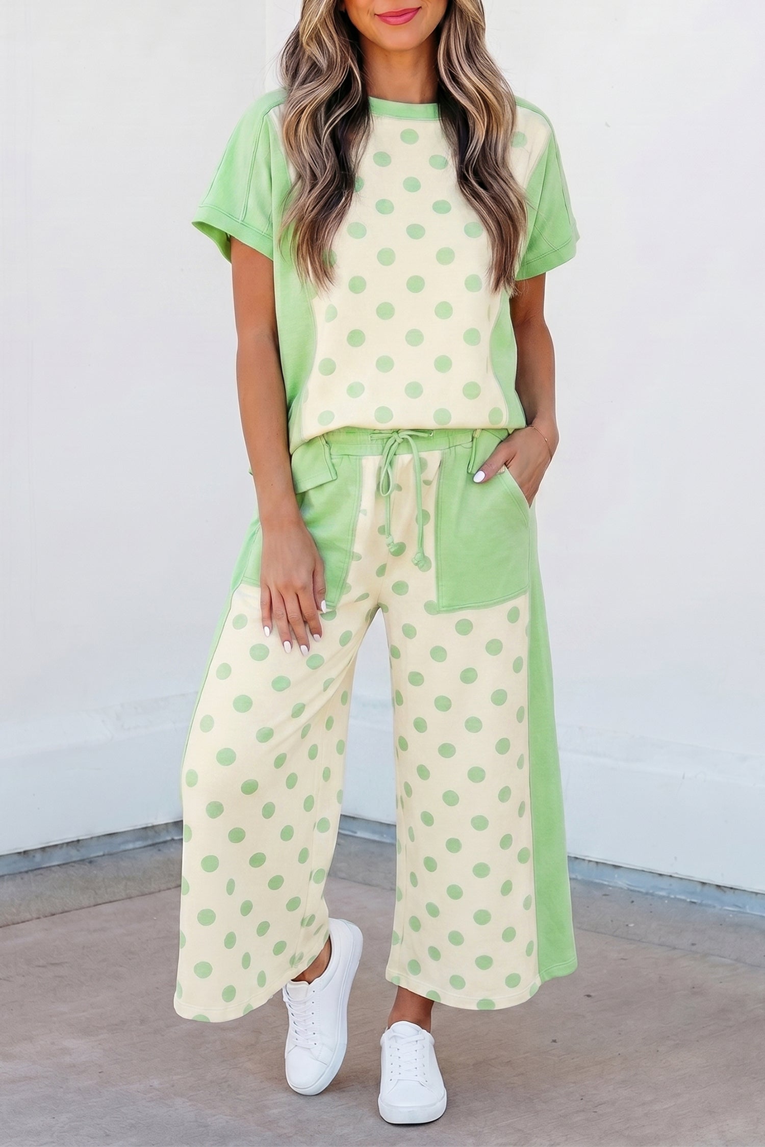 Pink Color Block Patchwork Polka Dot Wide Leg Pant Set