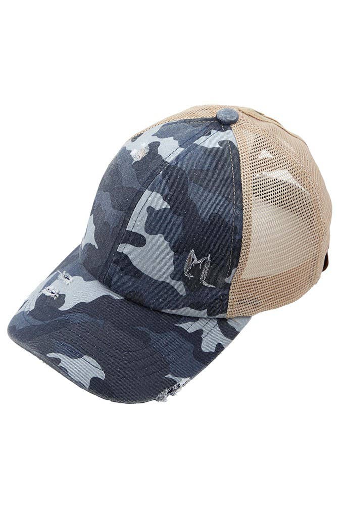 C.C Denim Camouflage with Crossed Elastic Band Pony Cap: White