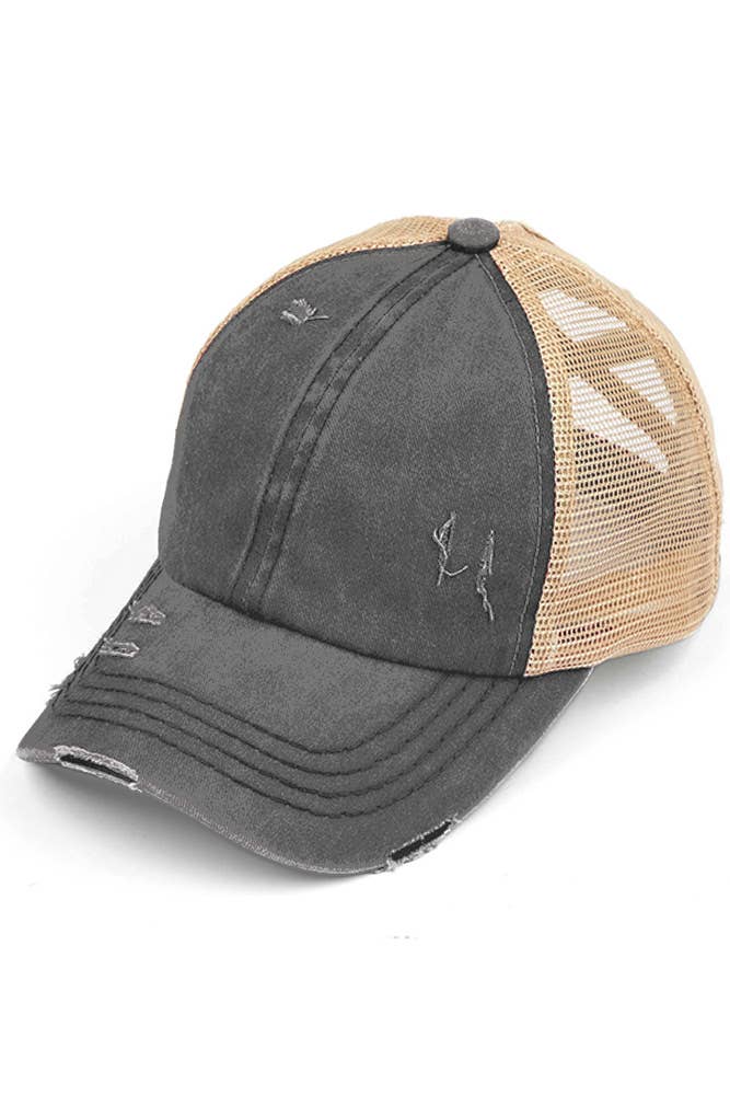 C.C Washed Denim with Crossed Elastic Band Mesh Pony Cap: Leopard