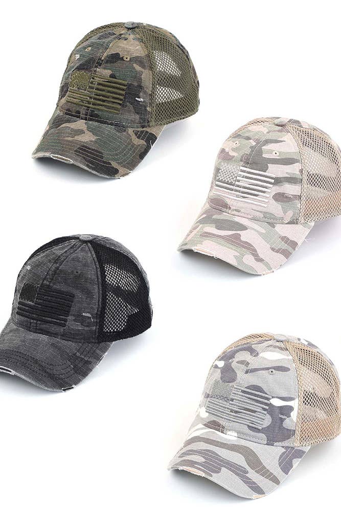 C.C American Flag Embroidery Camo Baseball Cap: Black