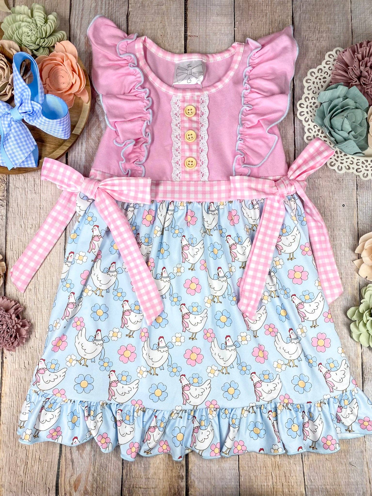 Pink Chicken & Floral Ruffle Dress: 5T