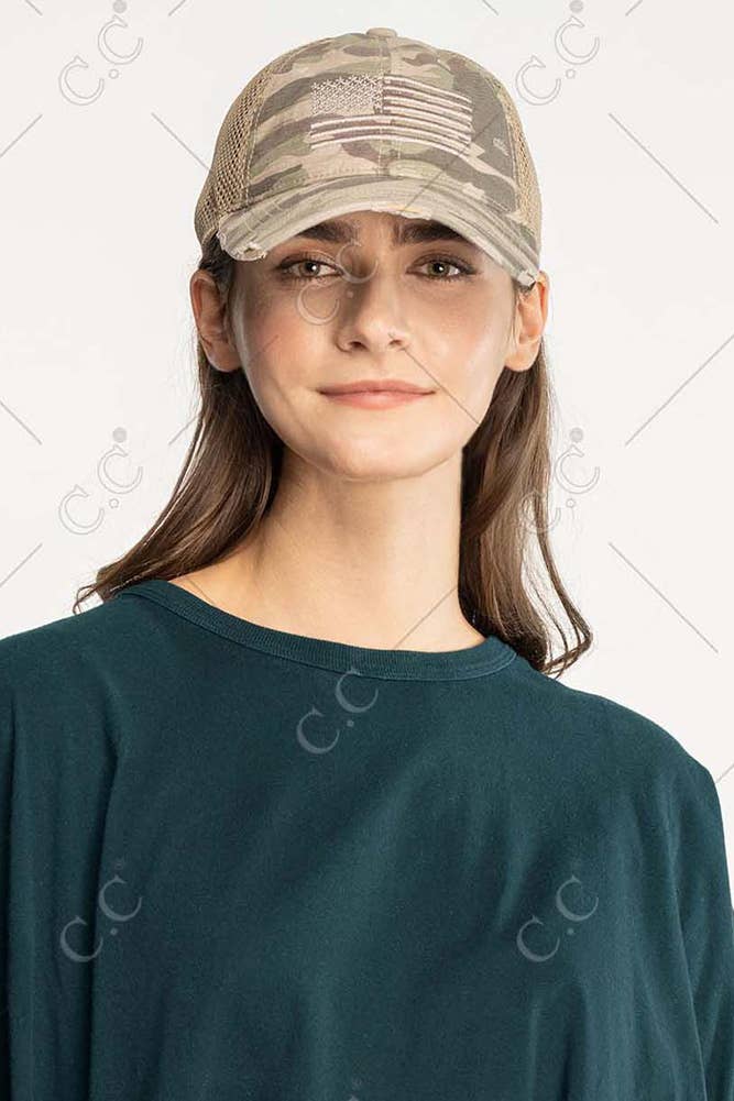 C.C American Flag Embroidery Camo Baseball Cap: Black