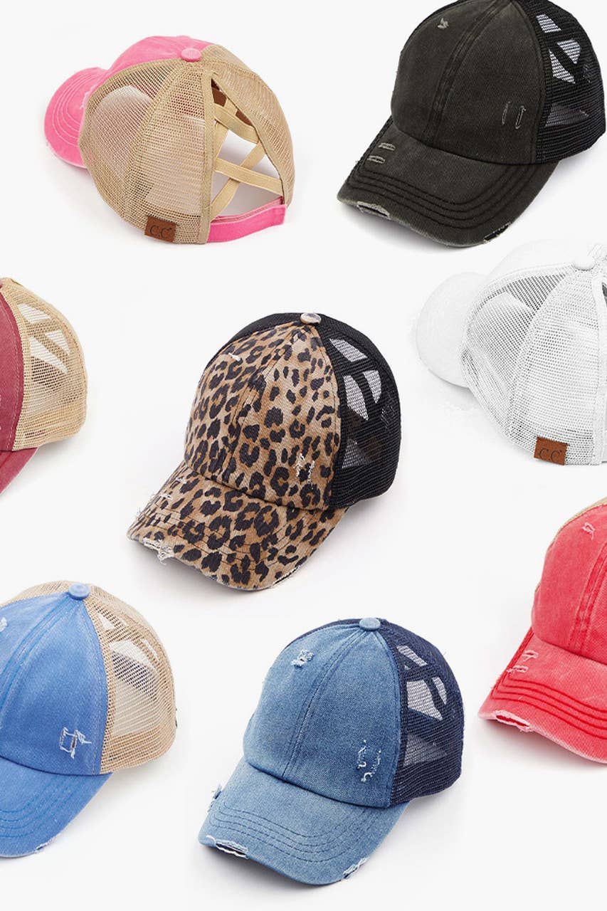 C.C Washed Denim with Crossed Elastic Band Mesh Pony Cap: Baby Leopard