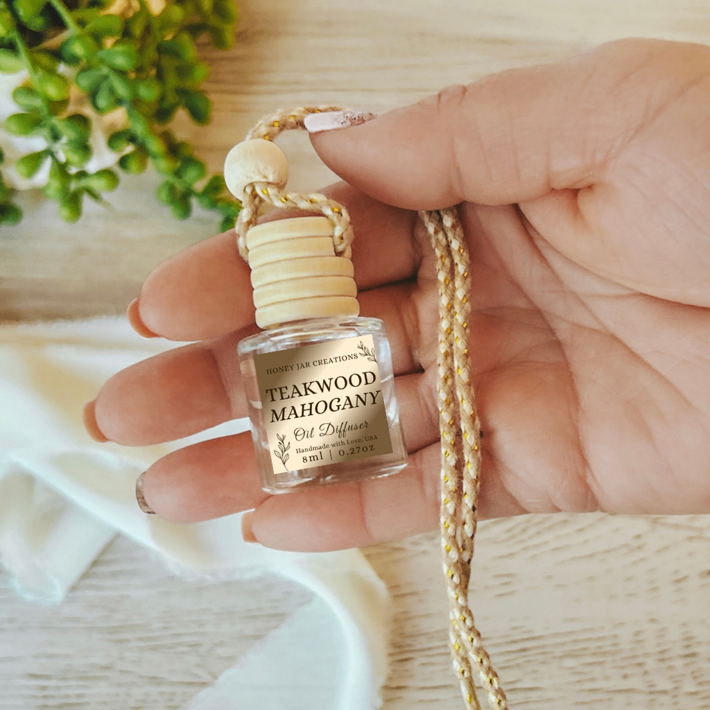 Hanging Car Diffusers | Teakwood Mahogany | Made in USA: Round Bottle