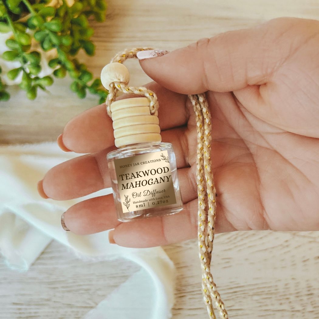 Hanging Car Diffusers | Teakwood Mahogany | Made in USA: Round Bottle