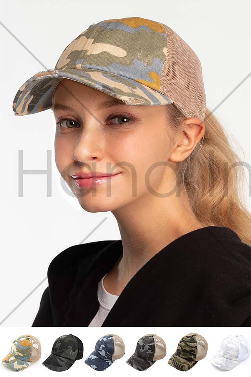 C.C Denim Camouflage with Crossed Elastic Band Pony Cap: Gray