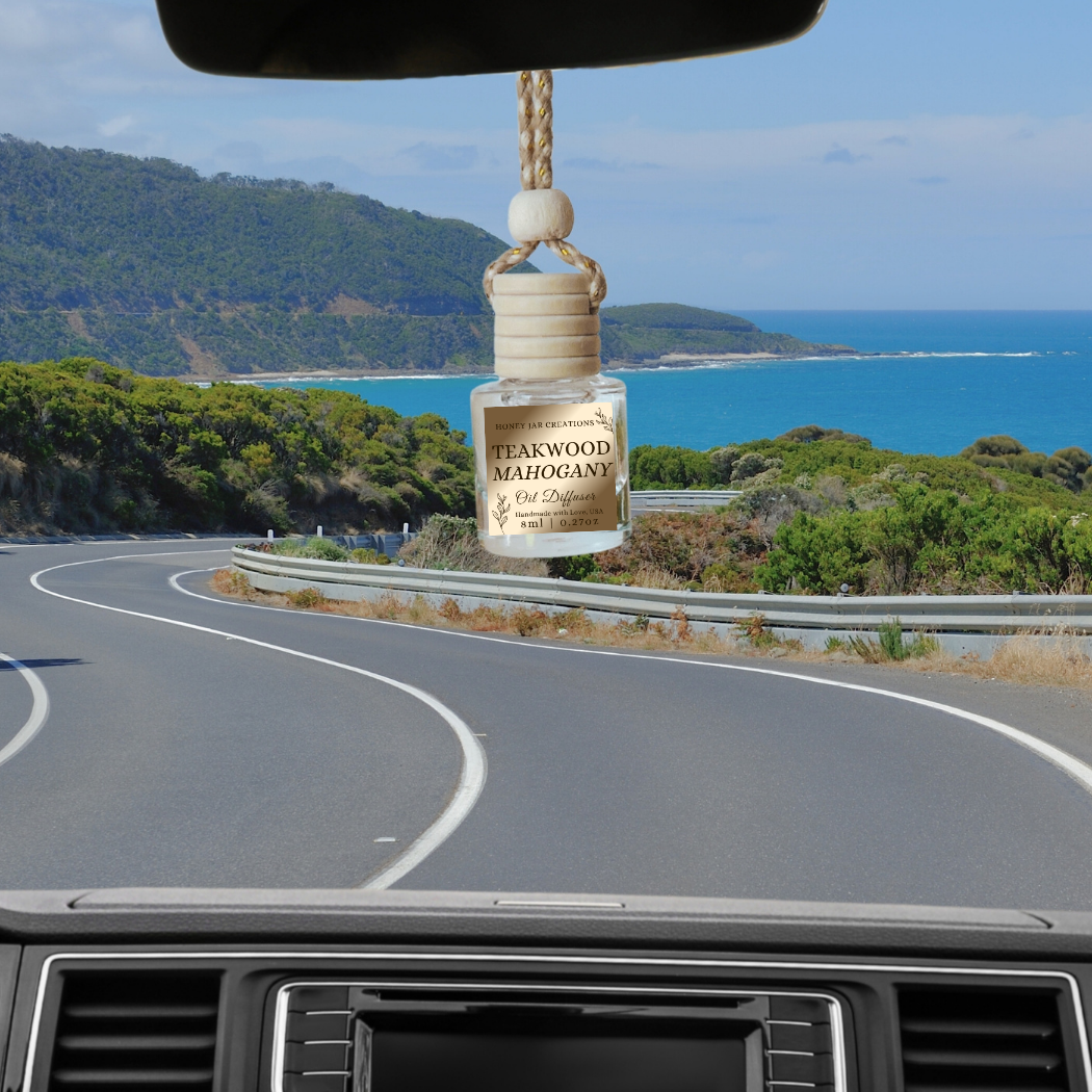 Hanging Car Diffusers | Teakwood Mahogany | Made in USA: Round Bottle