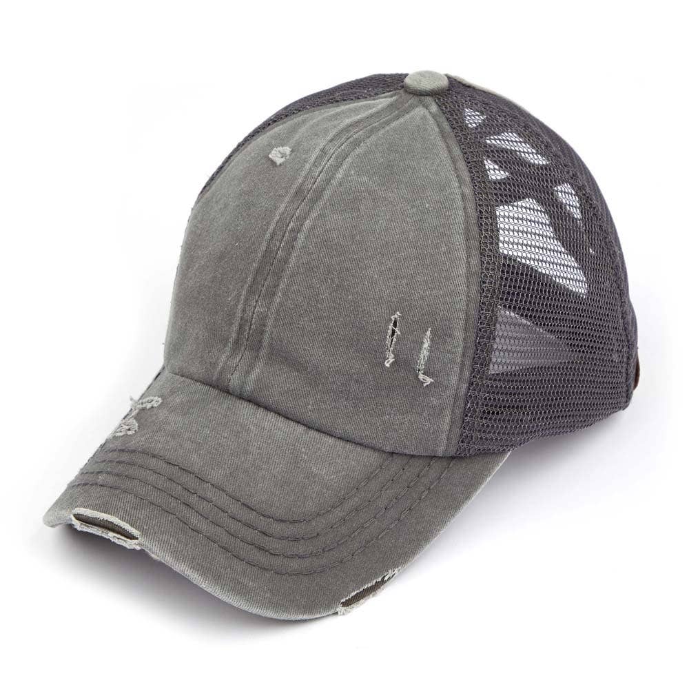 C.C Washed Denim with Crossed Elastic Band Mesh Pony Cap: Olive