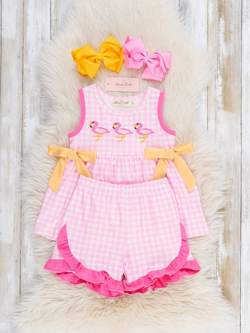 Sunny Flamingos Gingham Embroidered Ruffle Outfit: XL(5yrs)
