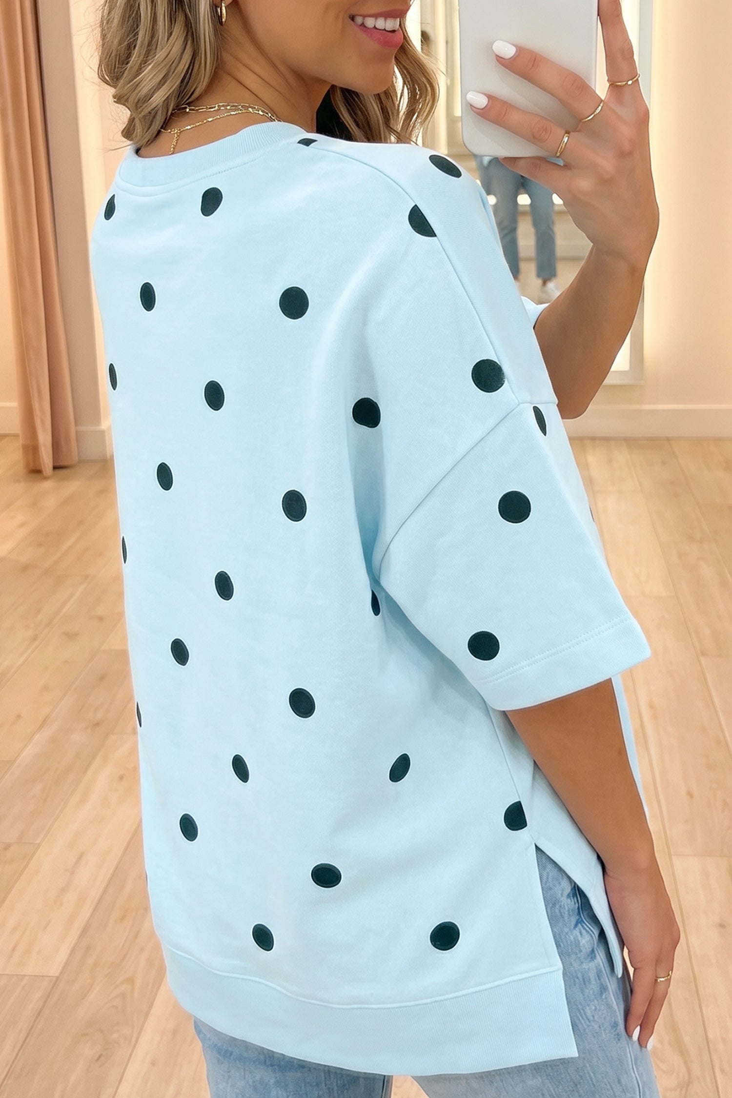 Sky Blue Polka Dot Print Crossed Seam Detail Oversize Tee