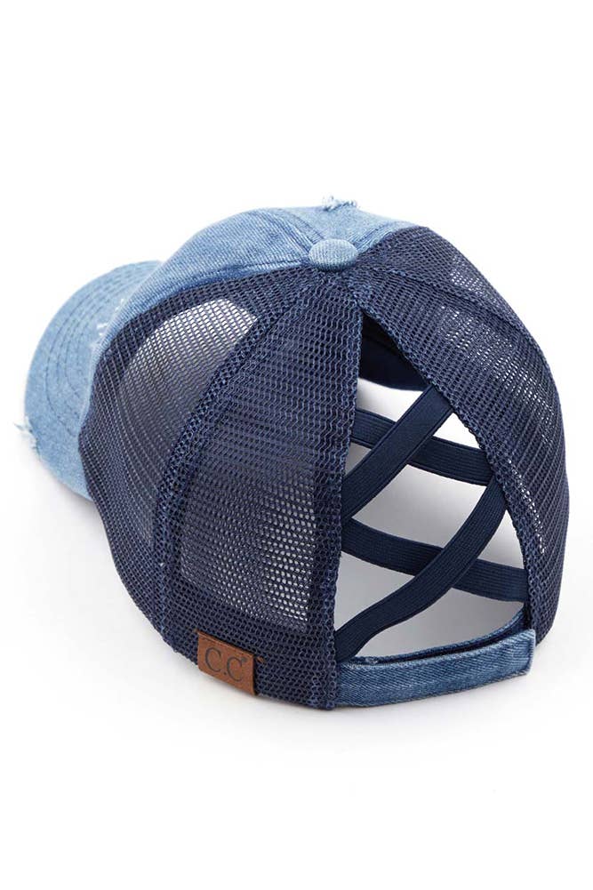 C.C Washed Denim with Crossed Elastic Band Mesh Pony Cap: Olive