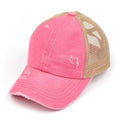 C.C Washed Denim with Crossed Elastic Band Mesh Pony Cap: Pink