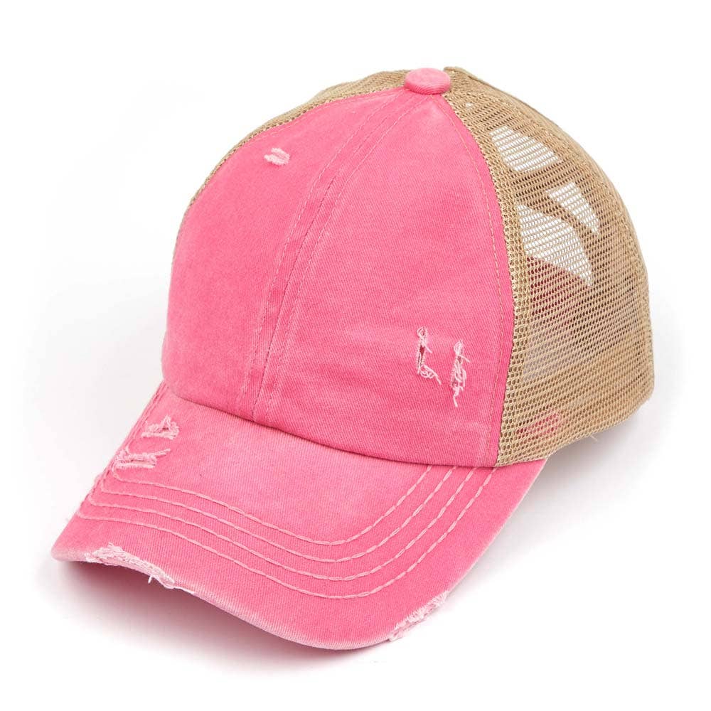 C.C Washed Denim with Crossed Elastic Band Mesh Pony Cap: Leopard