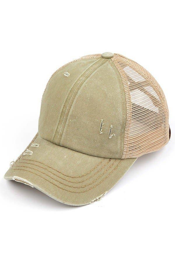 C.C Washed Denim with Crossed Elastic Band Mesh Pony Cap: Baby Leopard