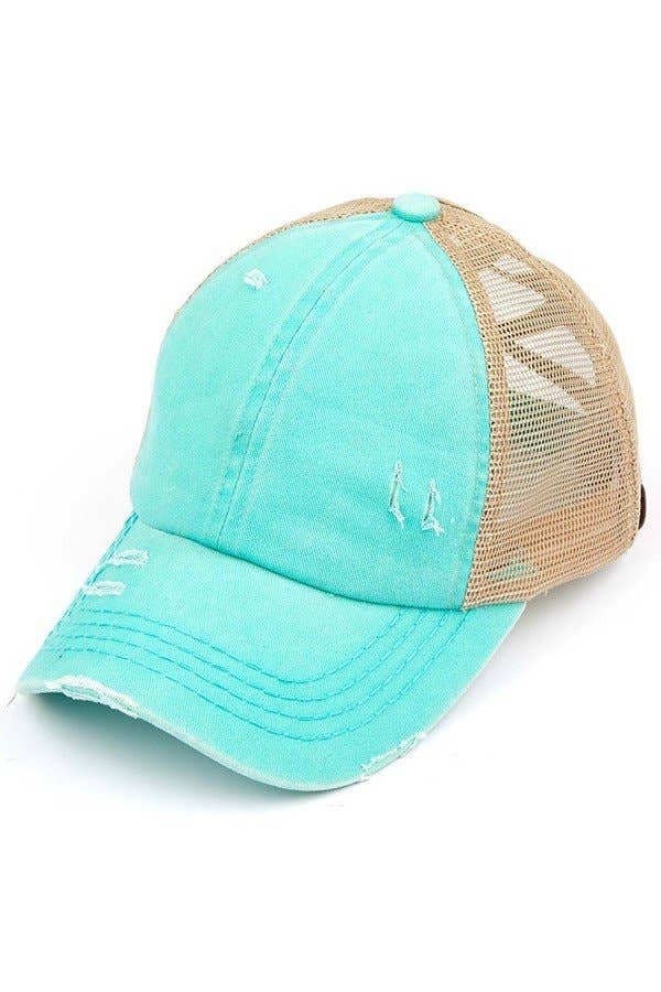 C.C Washed Denim with Crossed Elastic Band Mesh Pony Cap: Olive