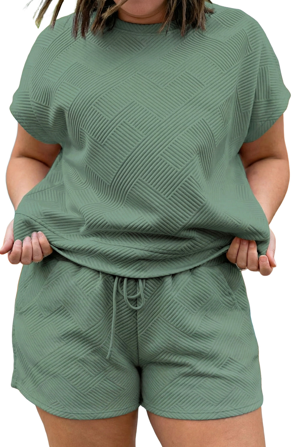 Mineral Blue Plus Size Textured Short Sleeve Top Drawstring Shorts Set