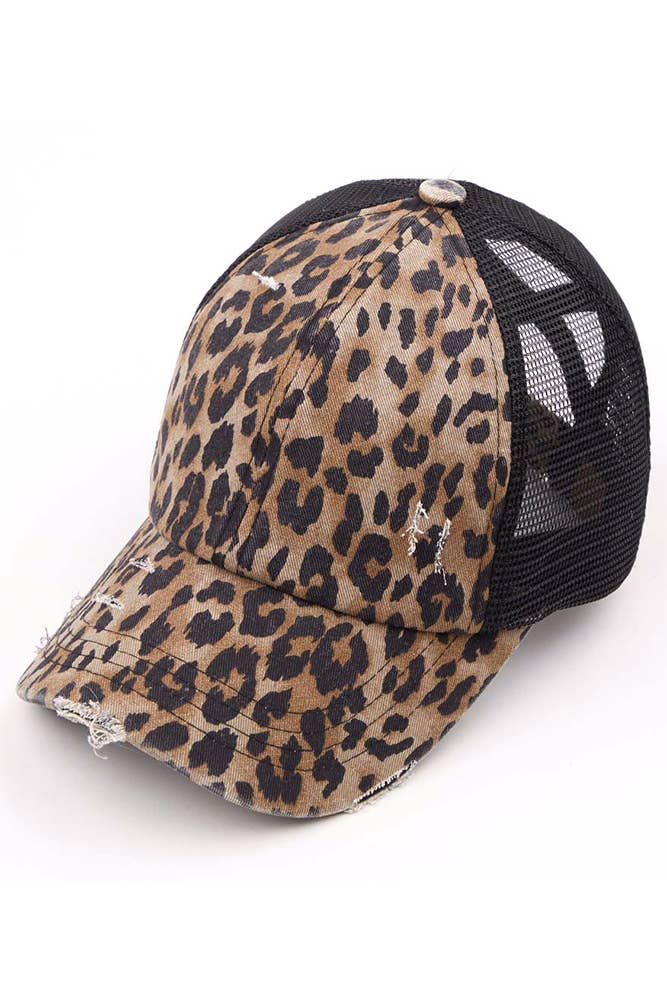 C.C Washed Denim with Crossed Elastic Band Mesh Pony Cap: Baby Leopard